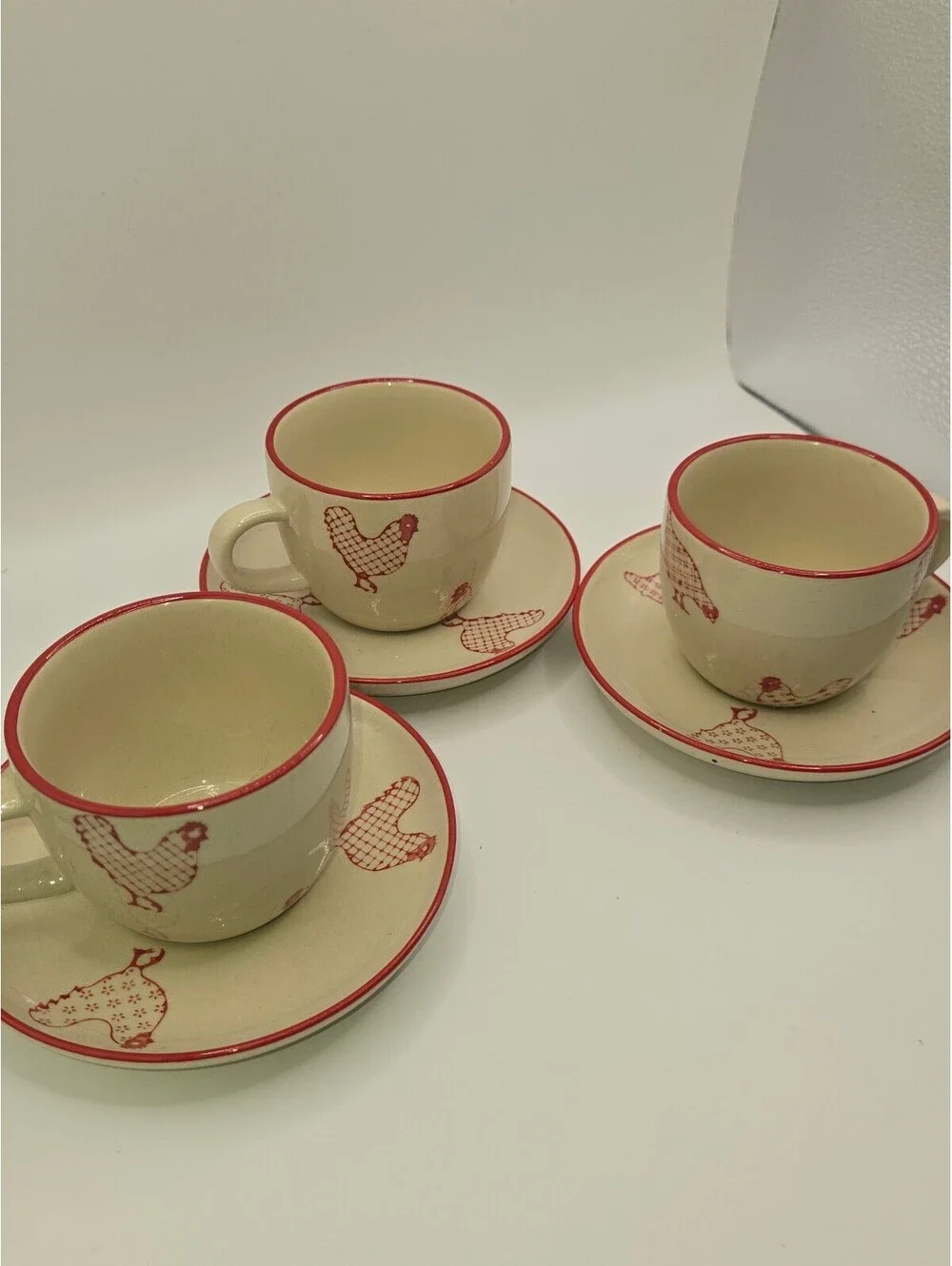 Vintage JOYYE Farmhouse Red Rooster / Chicken Teacups and Saucers (3), Country